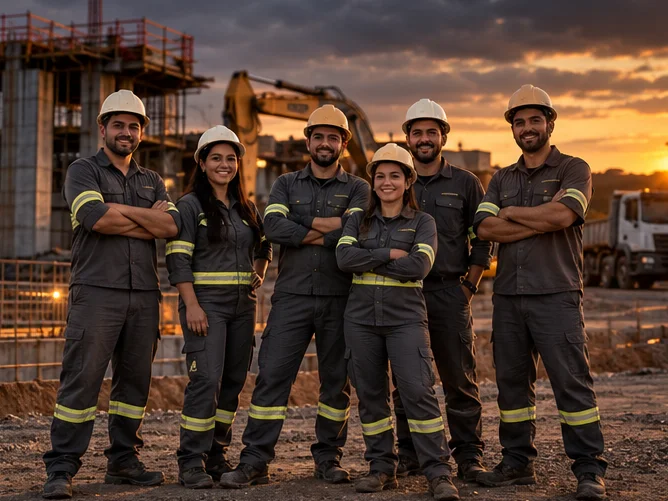 Equipe da obra de capacete no canteiro