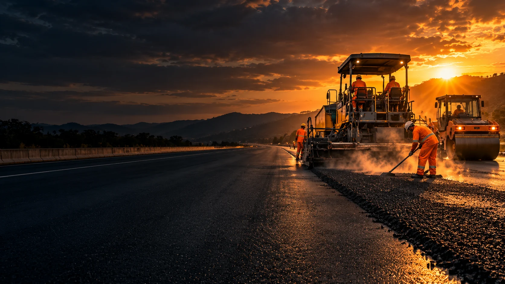 Rodovia sendo pavimentada ao entardecer, com vibroacabadora e rolo compactador